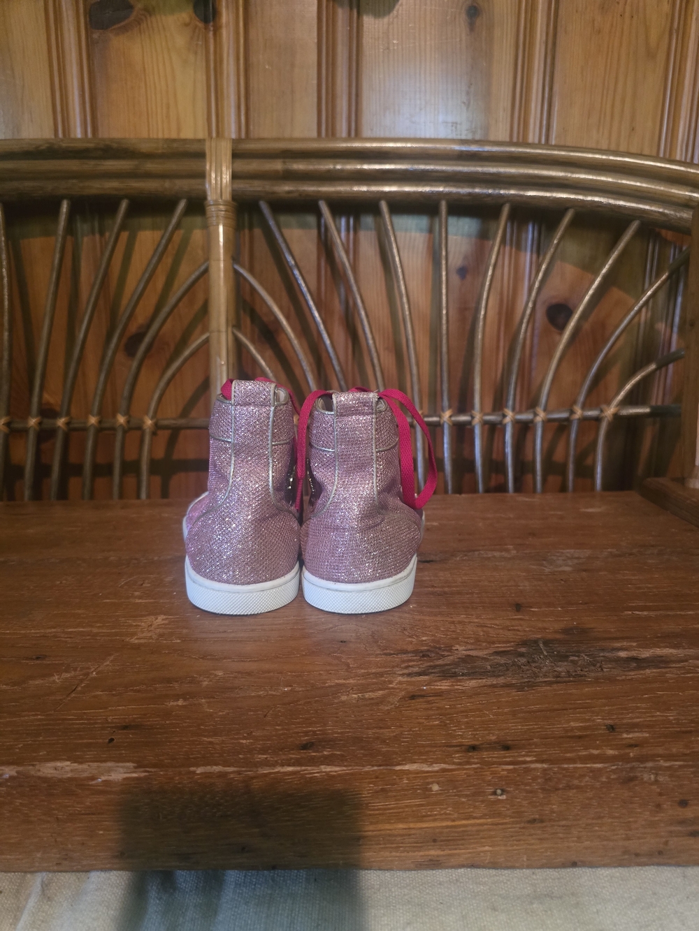 Christian Louboutin Sparkly Pink High Top Sneakers with Hot Pink Laces - Picture 7 of 16